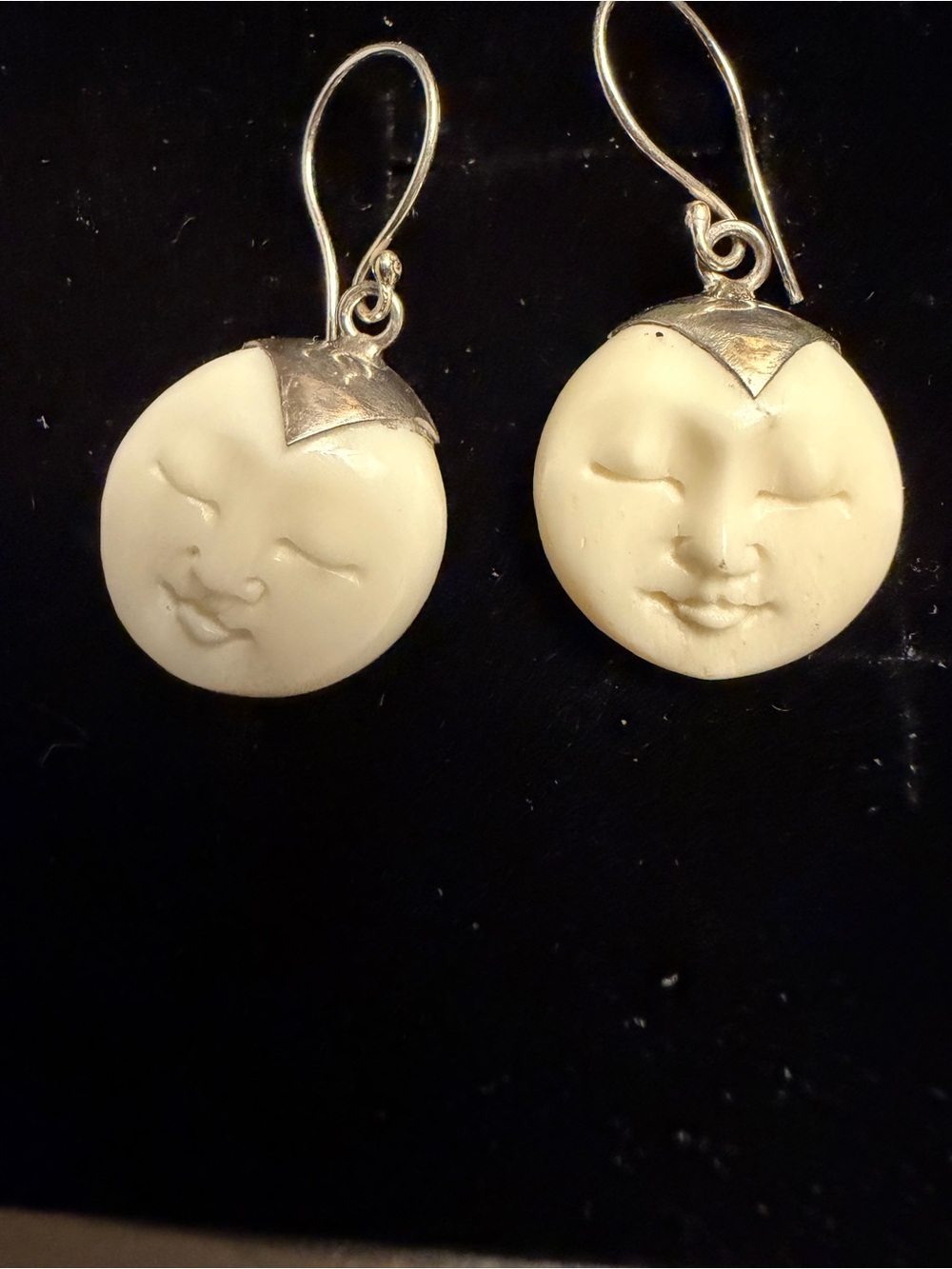 Carved Moon Face Sterling Silver Dangle Earrings 925